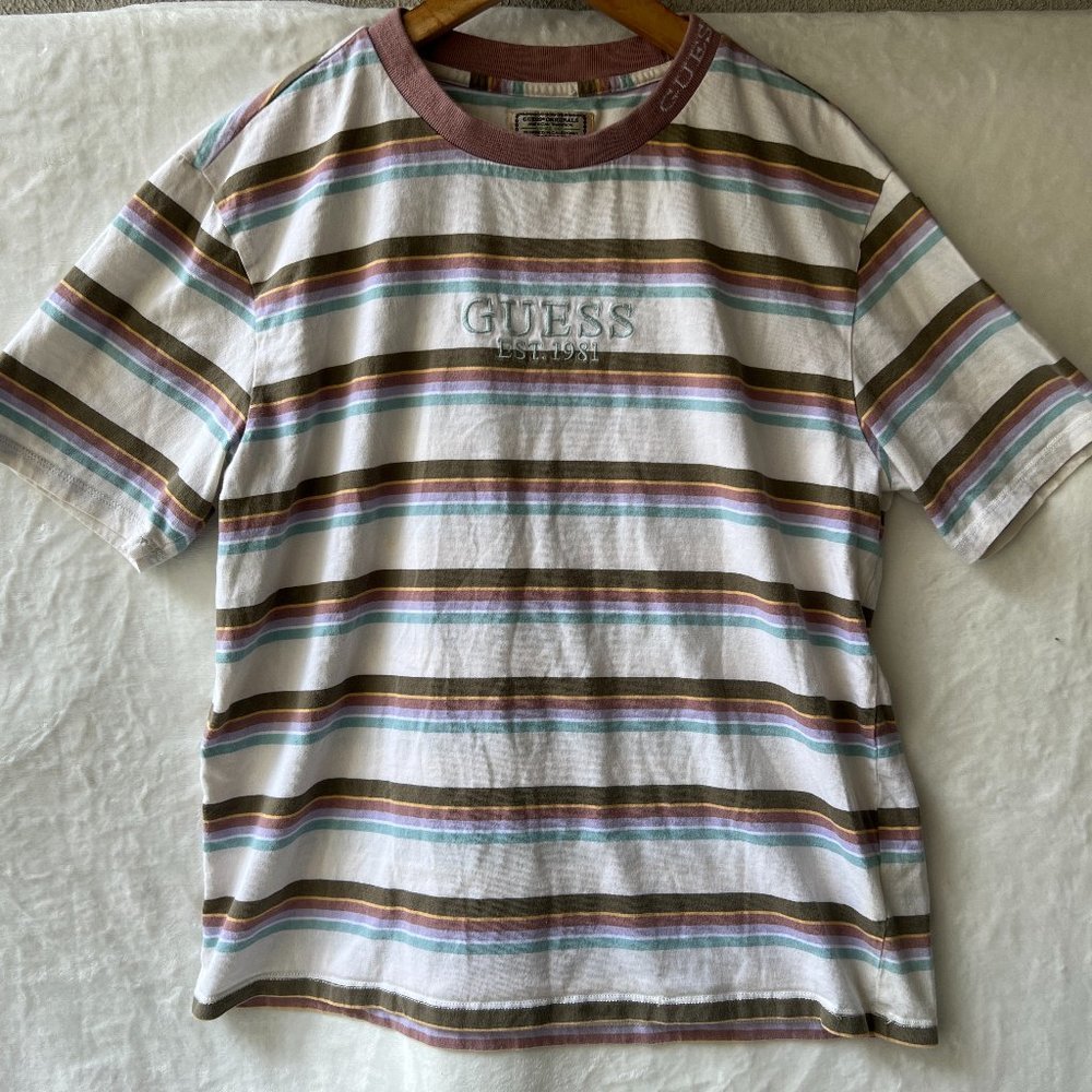 Vintage Guess Stripe Tee Short Sleeve Embroidered Logo Medium Multicolor 90s y2k